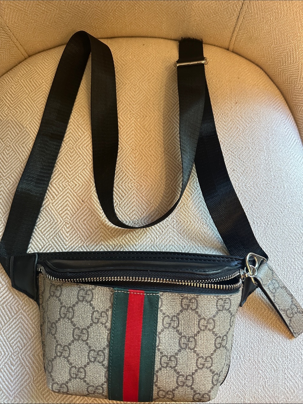 Designer-Inspired Beige Monogram Crossbody Bag with Green & Red Stripe